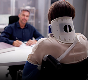 An injured person in a neck brace meeting with an attorney for a personal injury claim.
